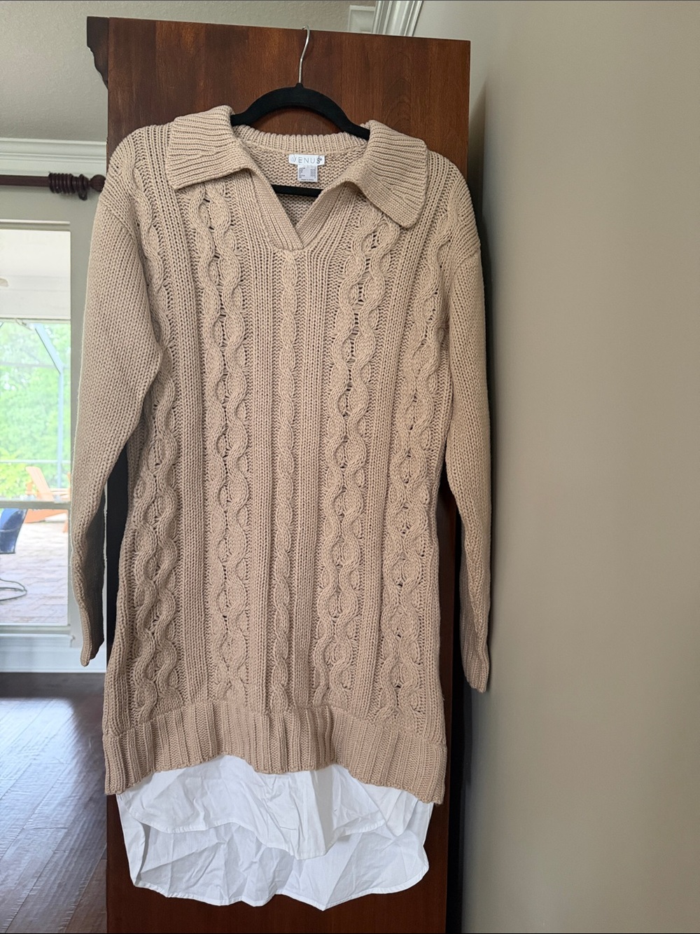 VENUS Beige Cable-Knit V-Neck Sweater Dress with Collar